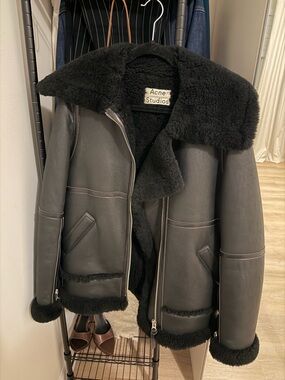 Acne Black Shearling-Trim Leather Aviator